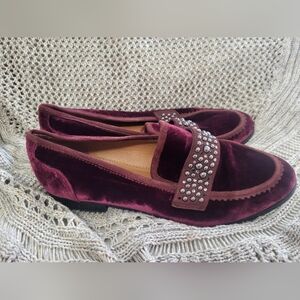 Franco Sarto Burgundy Velvet Loafers with Studded Strap